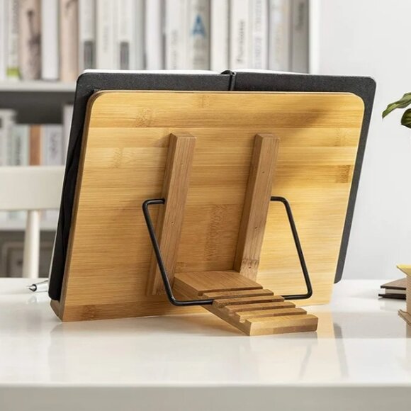 BAMBOO BOOK STAND | ADJUSTABLE HOLDER TRAY W/PAGE PAPER CLIP | PORTABLE - Picture 5 of 14